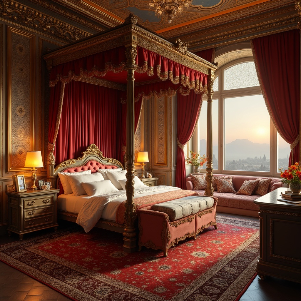 Prompt: Byzantine style dorm, luxurious interior, ornate golden decorations, intricate mosaics, grand chandeliers, lavish furnishings, rich velvet curtains, majestic four-poster bed, fluffy white pillows, regal red carpet, personal items on nightstand, framed family photos, favorite novels, elegant desk lamp, cozy reading nook, large windows with breathtaking city view, sunset glow, soft warm lighting, 3/4 composition, shallow depth of field, warm atmosphere, realistic textures.