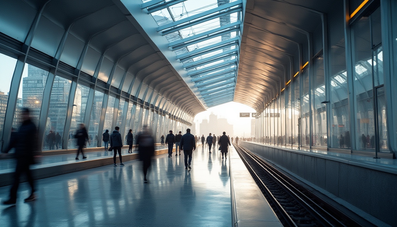 Prompt: Modern metro station, sleek lines, minimalist architecture, stainless steel beams, glass ceilings, LED lights, futuristic ambiance, people in motion, blurred figures, urban feel, cityscape, abstract reflections, geometric shapes, modernist sculptures, industrial materials, functional design, busy atmosphere, rush hour, morning light, soft focus, shallow depth of field, cinematic composition.