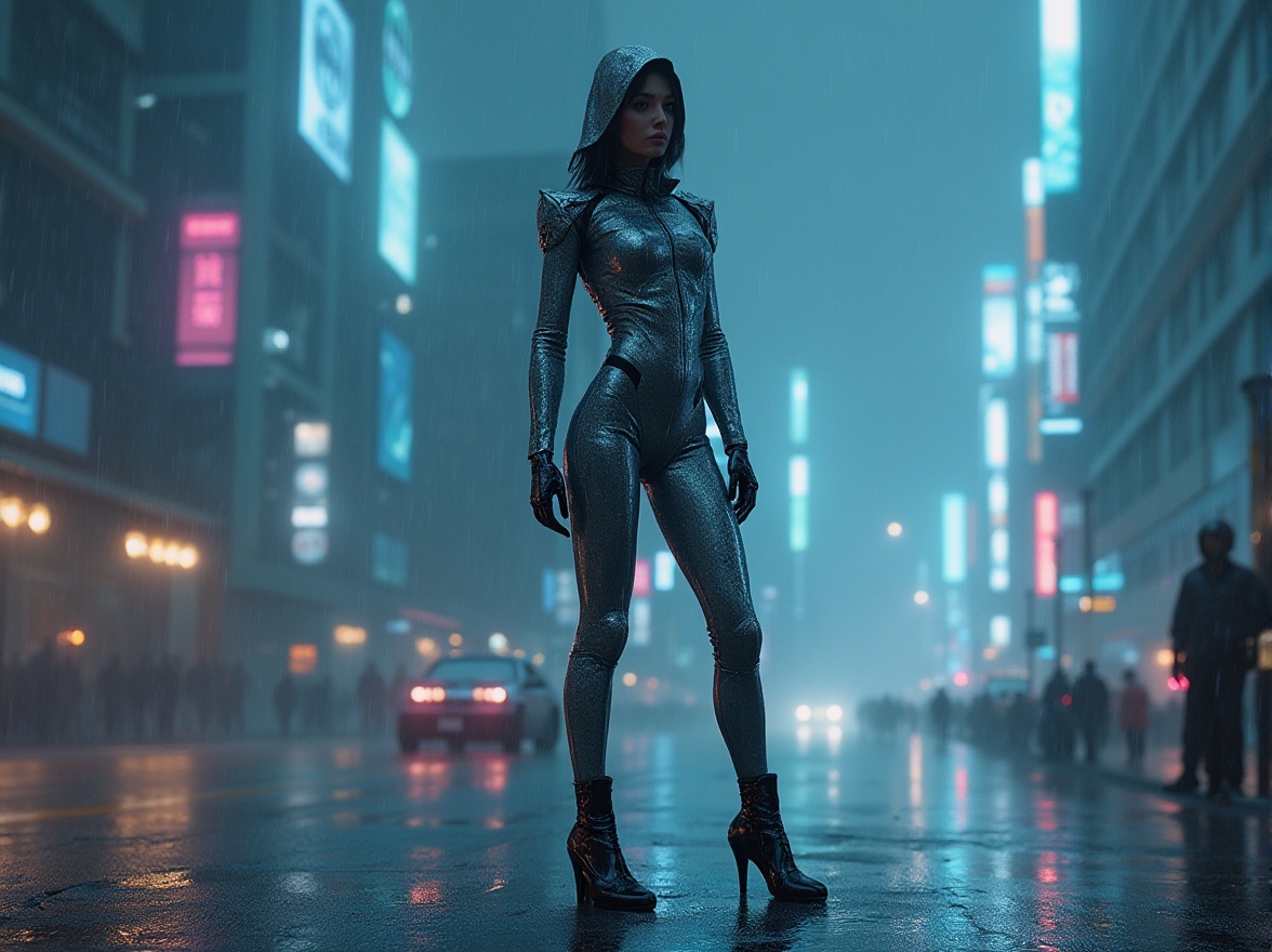 Prompt: High-tech futuristic lady, standing, confident pose, metallic silver fabric, shimmering effect, neon light reflection, PVC leather jacket, tight-fitting pants, glossy boots, robotic arms, cybernetic eyes, cityscape background, skyscraper, nighttime, rainy, foggy atmosphere, misty ambient lighting, cinematic composition, 3/4 view, low-angle shot.