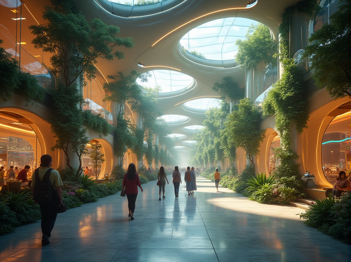 Prompt: Futuristic transportation hub, organic architecture, curved lines, iridescent materials, glowing neon lights, transparent glass walls, lush greenery, vines crawling up pillars, natural stone flooring, soft ambient lighting, warm color palette, busy yet serene atmosphere, people from diverse cultures walking, sitting, waiting, blurred motion, slow shutter speed, shallow depth of field, cinematic composition, panoramic view, urban jungle, sustainable eco-friendly design.