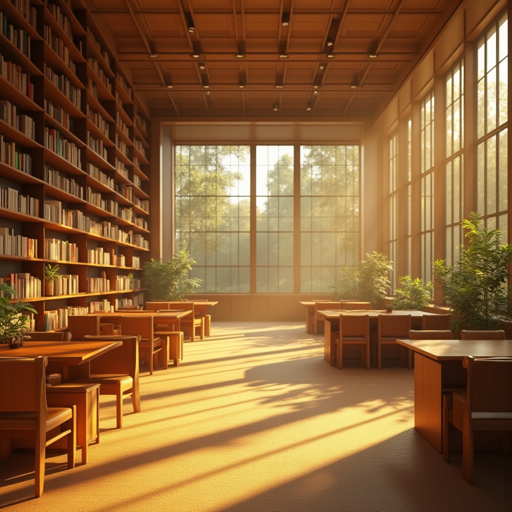 Prompt: Golden color, library interior, warm atmosphere, bookshelves, wooden tables, comfortable chairs, soft carpet, calm ambiance, afternoon sunlight, large windows, natural light, reading area, study space, modern architecture, minimalist decor, spotlights, subtle shadows, warm tone, inviting mood, knowledge hub, educational institution, university campus, peaceful environment, 3/4 composition, shallow depth of field, soft focus, ambient lighting.