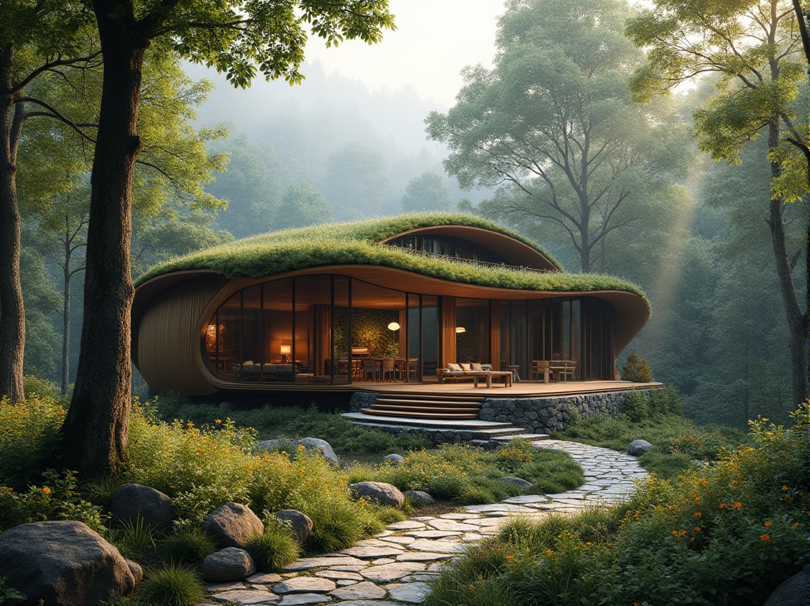 Prompt: Forest-inspired architecture, modern villa, wooden structure, curved lines, natural materials, stone foundation, green roof, overhanging eaves, large windows, panoramic view, forest surroundings, tall trees, misty atmosphere, soft sunlight filtering through leaves, lush foliage, vibrant wildflowers, winding stone path, rustic benches, natural textures, earthy tones, warm ambient lighting, cozy interior, wooden accents, botanical patterns, organic shapes, serene ambiance.