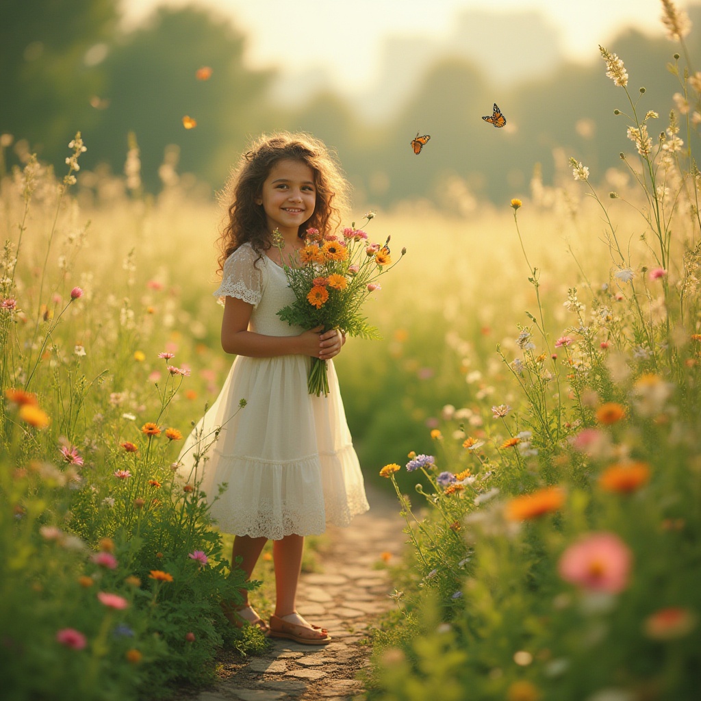 Prompt: Vibrant meadow, sunny afternoon, warm soft light, gentle breeze, wildflowers blooming in various colors, tall grasses swaying gently, a few butterflies fluttering around, a small winding stone path, a beautiful girl with curly brown hair, bright smile, freckles on nose, wearing a flowing white dress, holding a bouquet of flowers, standing in the center, surrounded by lush greenery, serene atmosphere, shallow depth of field, cinematic composition, warm color tone.