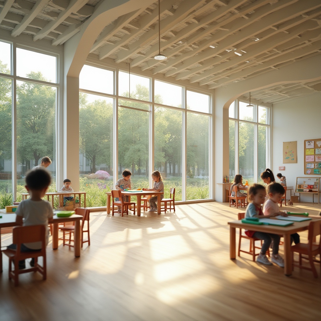 Prompt: Modern kindergarten, steel-framed structure, minimalist design, large windows, natural light, open space, vibrant colors, educational toys, children playing, joyful atmosphere, wooden floors, white walls, rectangular pillars, simple lighting fixtures, comfortable seating areas, outdoor playground, greenery surroundings, sunny day, soft focus, warm color tone, shallow depth of field.