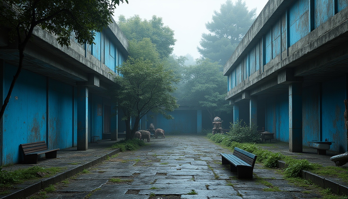 Prompt: Brutalist park, blue accents, concrete structures, geometric shapes, urban jungle, mature trees, industrial pipes, metal benches, vibrant blue murals, abstract sculptures, rugged stone pathways, dramatic shadows, low-angle shot, cinematic composition, overcast sky, misty atmosphere, moody lighting, 3/4 composition.