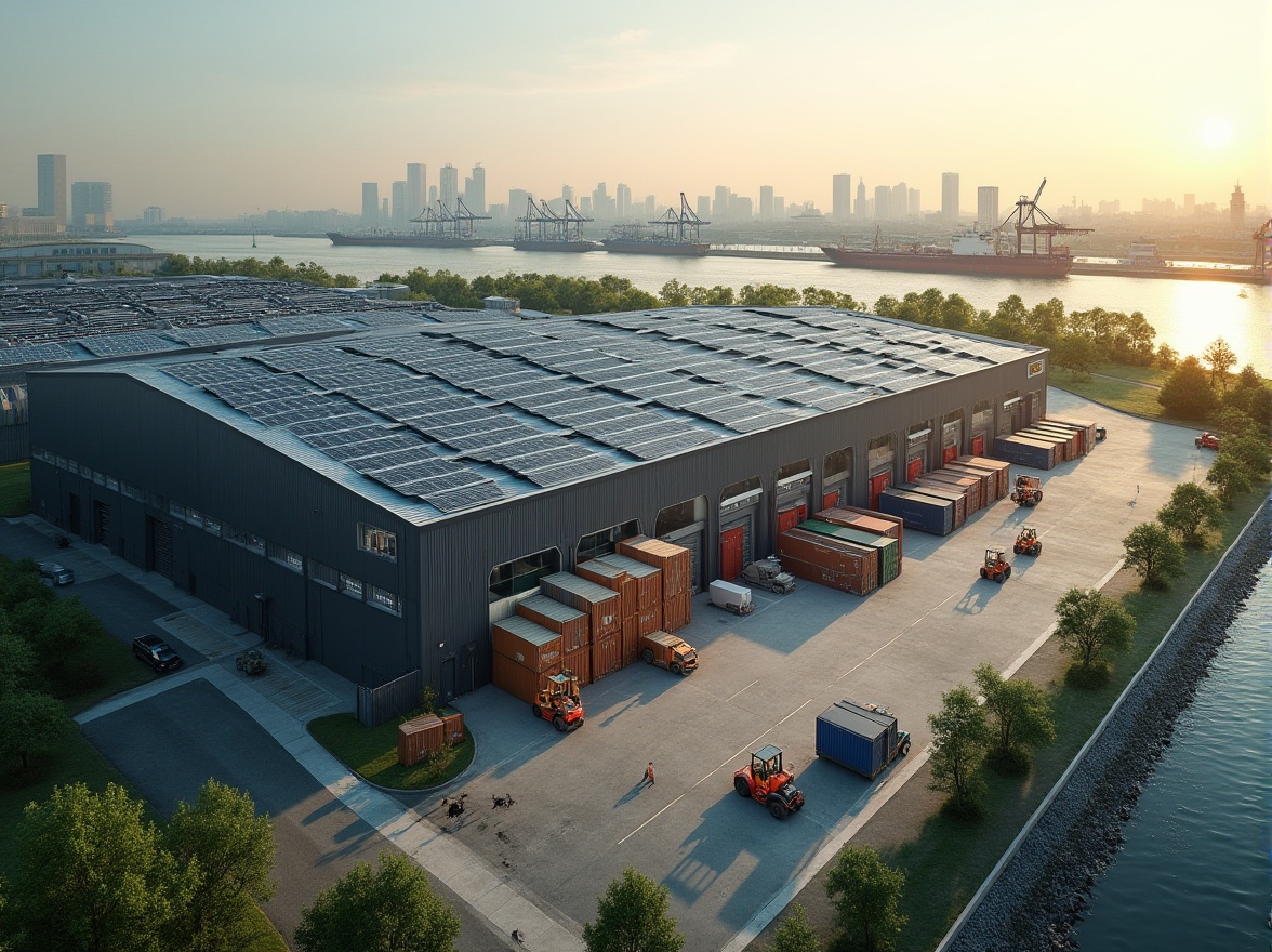 Prompt: Modern distribution center, riverbank, industrial architecture, steel beams, glass walls, solar panels on roof, greenery surrounding building, warehouses with loading docks, forklifts moving crates, employees in reflective vests, cargo ships docking at pier, river flowing gently, city skyline in distance, warm afternoon light, 3/4 composition, shallow depth of field.