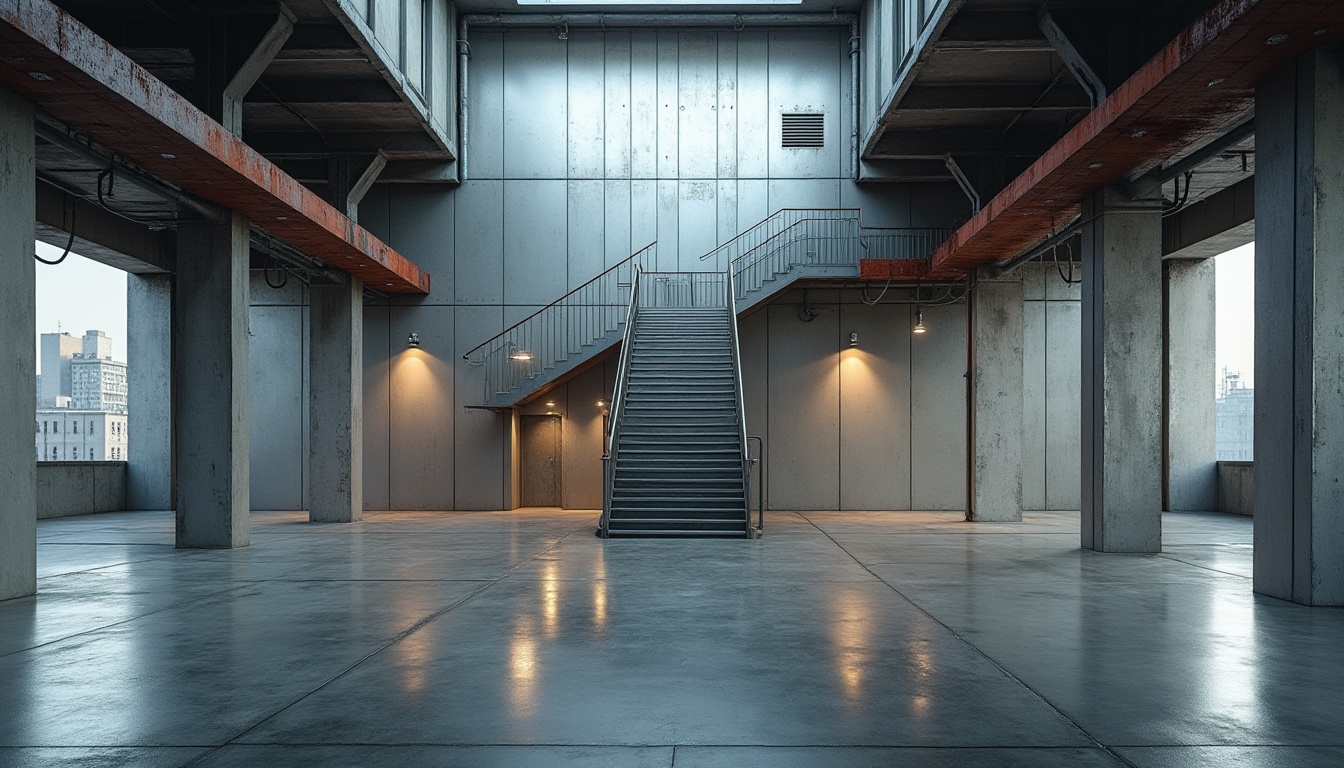 Prompt: Galvanized steel, modern design, industrial chic, metal texture, silver color, reflective surface, sleek lines, minimalist aesthetic, urban setting, cityscape, skyscraper, contemporary architecture, brutalist style, exposed ductwork, concrete flooring, industrial lighting, overhead crane, metal staircase, distressed finish, rusty accents, abstract composition, high-contrast lighting, cinematic mood.