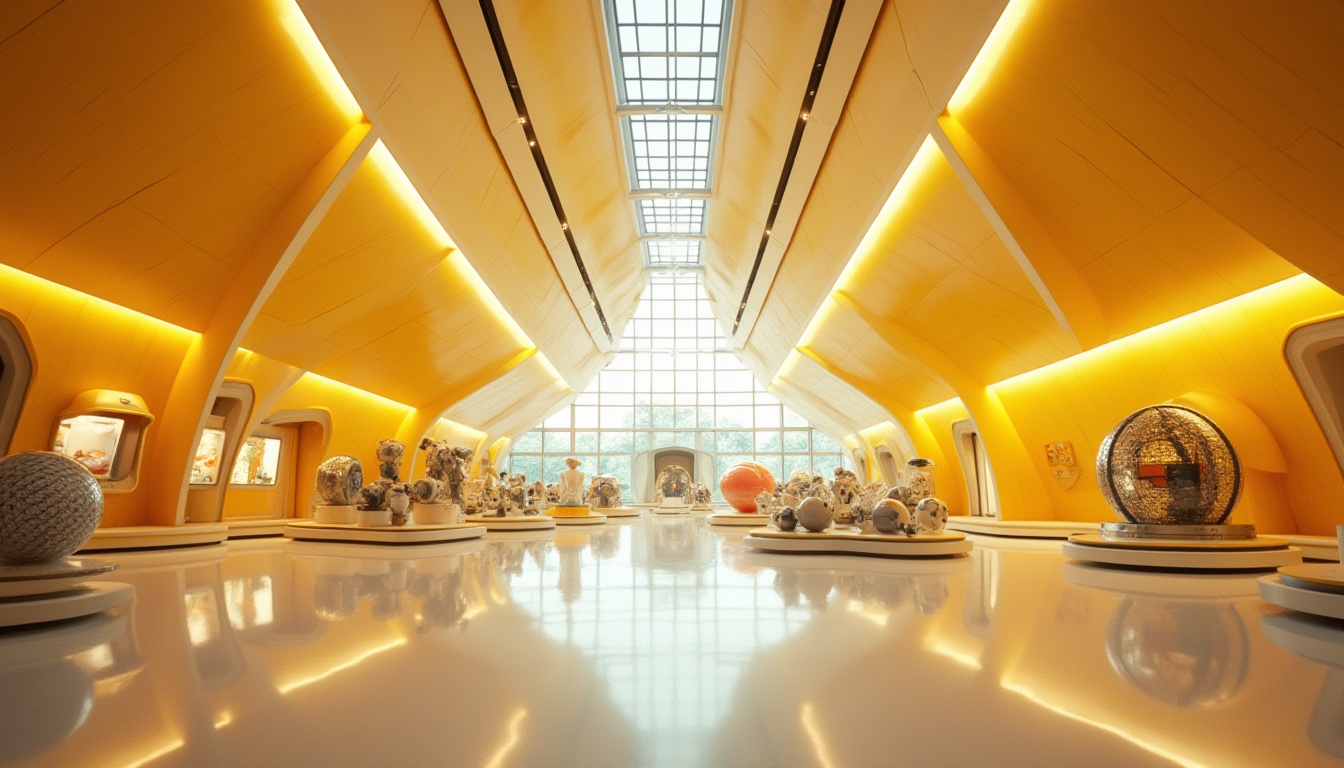 Prompt: Light yellow color, futuristic science center, interior design, minimalist style, curved lines, sleek surfaces, neon lights, interactive exhibits, educational robots, spherical sculptures, glass walls, steel beams, industrial chic, spotlights, overhead lighting, shallow depth of field, warm atmosphere, afternoon sunlight filtering through windows.