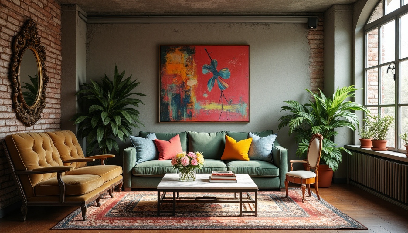 Prompt: Eclectic interior, vintage modern mix, luxurious fabrics, velvet sofa, marble coffee table, antique wooden chair, ornate gold mirror, colorful abstract artwork, patterned rug, lush green plants, natural light pouring in, urban loft apartment, industrial concrete ceiling, exposed brick wall, cozy reading nook, warm golden lighting, 3/4 composition, soft focus, realistic texture.