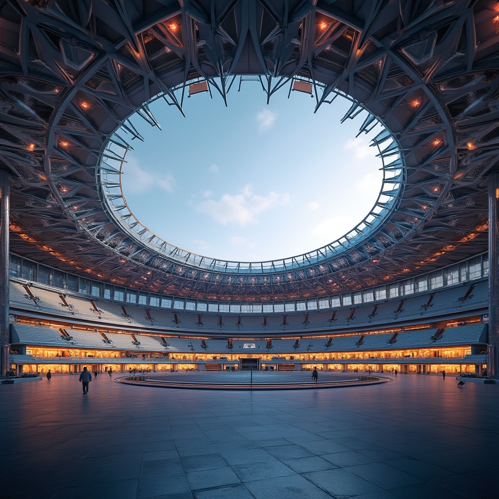 Prompt: Modern stadium, sports venue, massive structure, reinforced fiber-cement material, intricate architecture, urban landscape, evening atmosphere, warm lighting, vibrant color scheme, dynamic angles, low-angle shot, symmetrical composition, futuristic design, sleek lines, curved surfaces, high-strength columns, sturdy beams, robust foundation, advanced engineering technology.