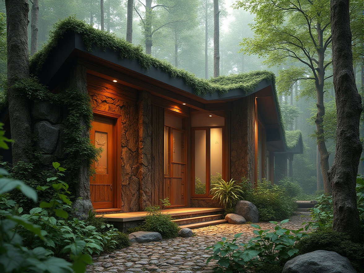 Prompt: Natural, modern architecture, forest-inspired design elements, wooden accents, stone walls, lush greenery, vines crawling up columns, leaf-shaped roof tiles, branch-like metal beams, earthy color palette, moss-covered exterior, natural light pouring in through large windows, forest floor-inspired flooring, wooden door with tree trunk pattern, secluded forest setting, misty atmosphere, soft warm lighting, 3/4 composition, panoramic view.