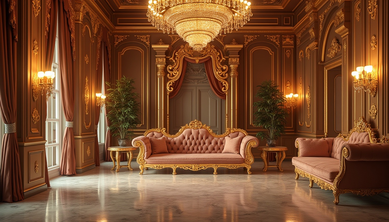 Prompt: Luxurious interior, golden accents, ornate decorations, lavish furniture, velvet sofa, marble floor, crystal chandelier, warm soft lighting, regal atmosphere, luxurious fabrics, intricate patterns, majestic architecture, Baroque style, palace interior, opulent colors, grandeur composition, 3/4 view, low-angle shot, dramatic shadows, warm color tone.