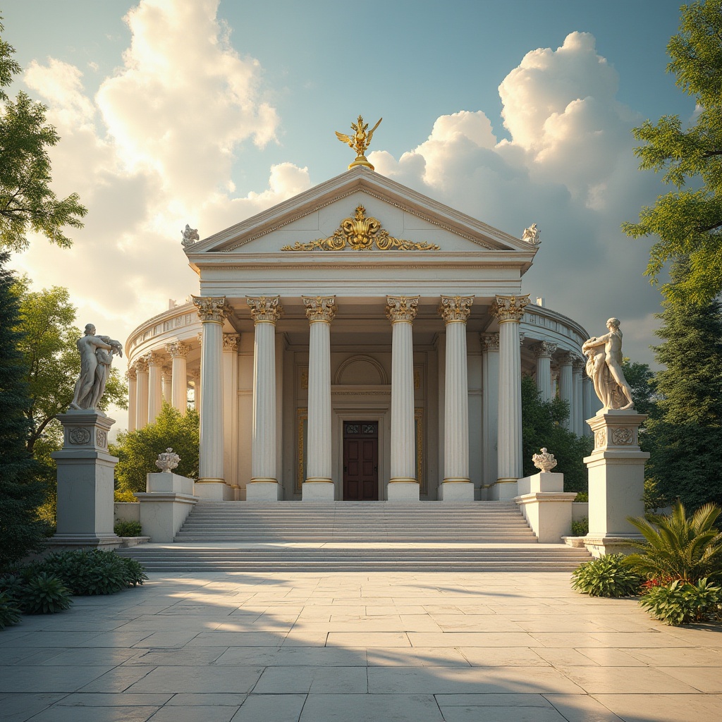 Prompt: Ancient Greece-inspired stadium, classic columns, ornate arches, grandeur entrance, white marble exterior, intricate stone carvings, golden accents, Olympic torch, majestic statues, lush greenery surroundings, sunny afternoon, warm ambient light, soft focus on the structure, shallow depth of field, symmetrical composition, dramatic clouds in the background, cinematic atmosphere, high dynamic range.