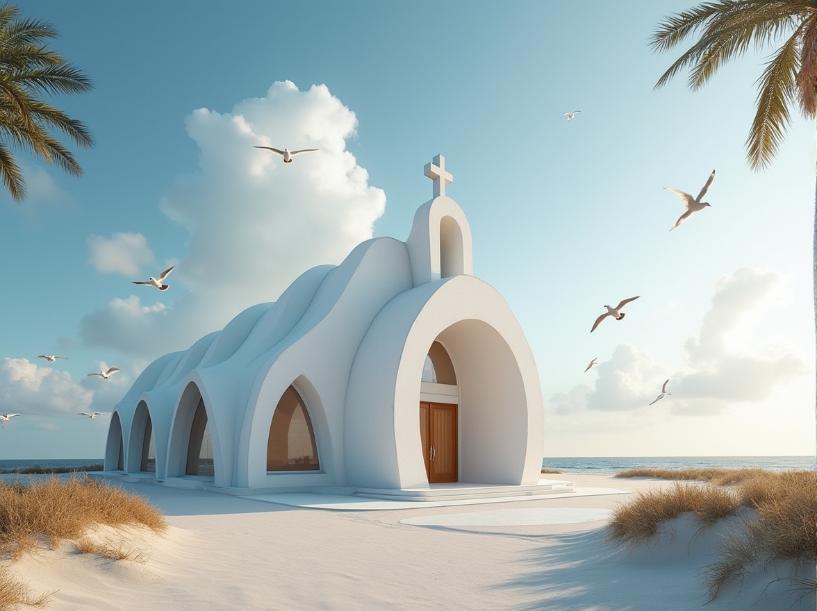 Prompt: Coastal church, modern architecture, white Chukum material exterior, reflective surface, minimalist design, large windows, natural light, beachside location, seagulls flying overhead, gentle ocean breeze, palm trees swaying, sandy dunes, blue sky with few clouds, warm sunlight, low-angle shot, symmetrical composition, dramatic shadows, detailed textures, realistic rendering.