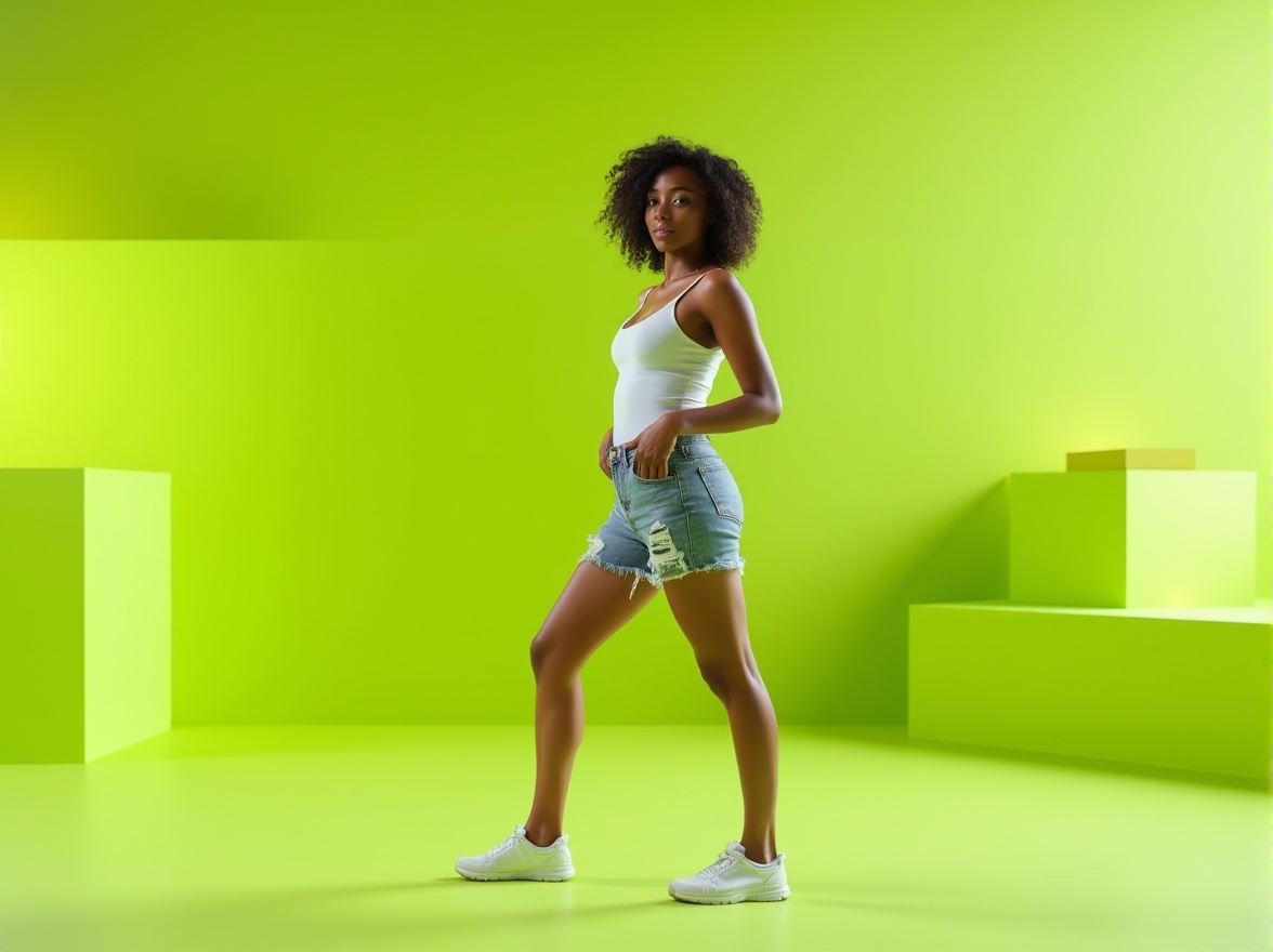 Prompt: Bright lime green accents, modern minimalist interior design, solo female character, 25yo, short curly hair, casual wear, white tank top, high-waisted distressed denim shorts, sneakers, standing, posing, studio setting, plain background, bold geometric shapes, vibrant colors, natural light, softbox lighting, close-up shot, 3/4 composition.