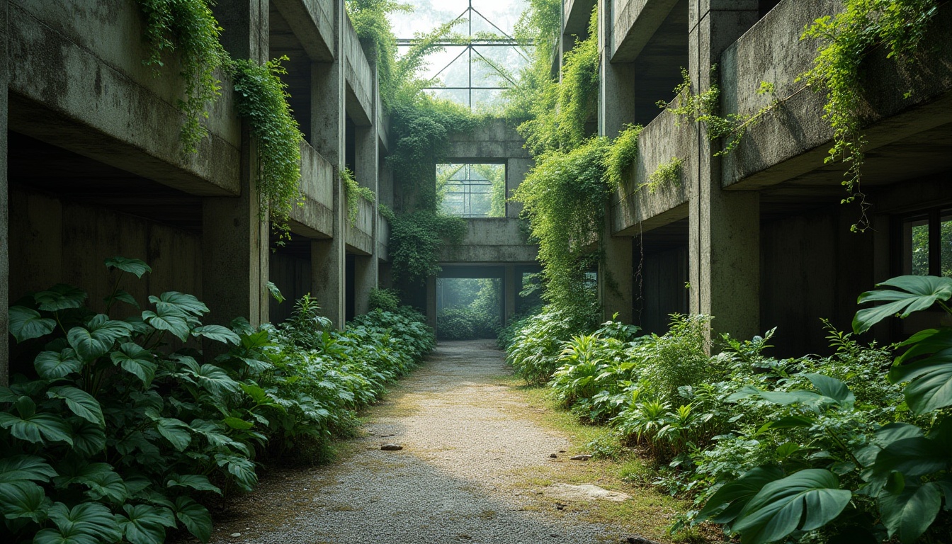 Prompt: Brutalist architecture, green accents, overgrown plants, ivy-covered walls, moss-filled cracks, concrete jungle, urban oasis, industrial chic, reclaimed wood, metal beams, rugged textures, natural light, airy atmosphere, lush vegetation, tropical vibes, vibrant greenery, abstract composition, 3/4 view, dramatic shadows, high contrast lighting.