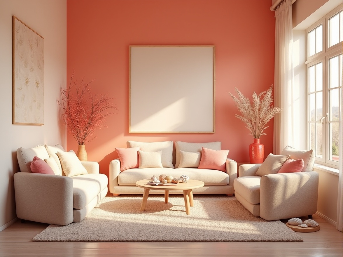 Prompt: Cozy living room, coral-colored walls, warm beige furniture, soft plush carpet, natural light pouring in through large windows, gentle drapery with subtle floral patterns, minimal decor with coral-hued vases, inviting atmosphere, comfortable reading nook, elegant coffee table, few decorative seashells, calming ambiance, relaxing mood, pastel color palette, soft focus, warm lighting, 3/4 composition.