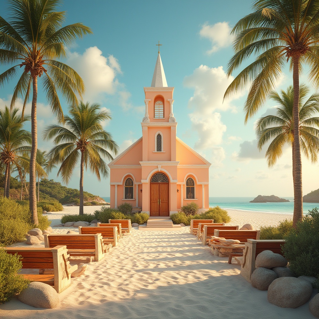 Prompt: Beach church, apricot color, warm sandy dunes, tropical palm trees, clear blue sky, soft white clouds, gentle sea breeze, delicate seashells, driftwood benches, rustic wooden doors, stained glass windows, serene interior, warm lighting, golden hour, romantic ambiance, peaceful atmosphere, coastal landscape, panoramic view, 3/4 composition, shallow depth of field, vibrant colors, realistic textures.