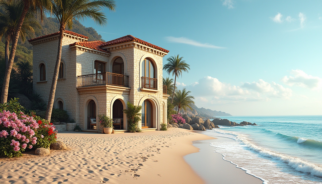 Prompt: Beach architecture, brick structure, Mediterranean style, seaside villa, large windows, white walls, red roof tiles, ornate doorways, arches, columns, tropical plants, palm trees, bougainvillea flowers, sandy beach, clear blue sky, sunny weather, gentle sea breeze, waves crashing in the distance, warm lighting, 3/4 composition, soft focus on background.