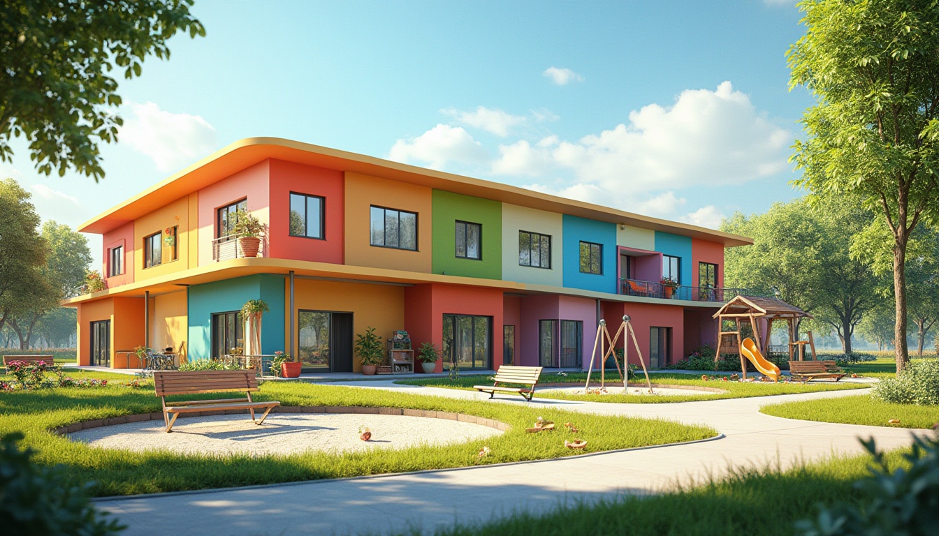 Prompt: Kindergarten building, regionalism style, colorful exterior walls, curved lines, playful roof shape, bright windows, sliding glass doors, outdoor playground, jungle gym, sandbox, swings, slide, treehouse, wooden benches, flower beds, lush greenery, sunny day, soft natural light, warm atmosphere, 3/4 composition, panoramic view.