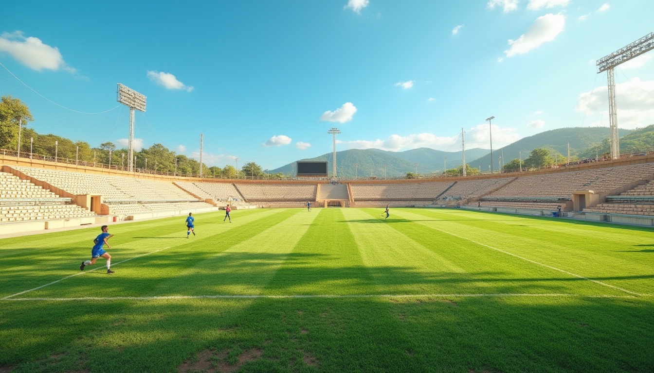 Prompt: Sandstone sports field, sunny day, clear blue sky, lush green grass, athletes running, playing soccer, rugby, American football, tennis, or volleyball, sandstone bleachers, rustic texture, natural material, warm beige color, undulating hills, distant trees, stadium lights, goalposts, nets, sports equipment, dynamic composition, low-angle shot, dramatic lighting, vibrant colors, action-packed atmosphere.