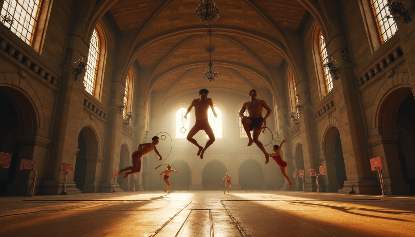 Prompt: Romanesque gymnasium, ancient stone walls, fiber-cement composite material, intricate arches, ribbed vaulted ceiling, grand chandeliers, ornate columns, athletic equipment, basketball hoops, gymnastic rings, parallel bars, pommel horse, athletes in motion, dynamic poses, sweat-drenched skin, intense facial expressions, warm golden lighting, dramatic shadows, 3/4 composition, low-angle shot, cinematic atmosphere.