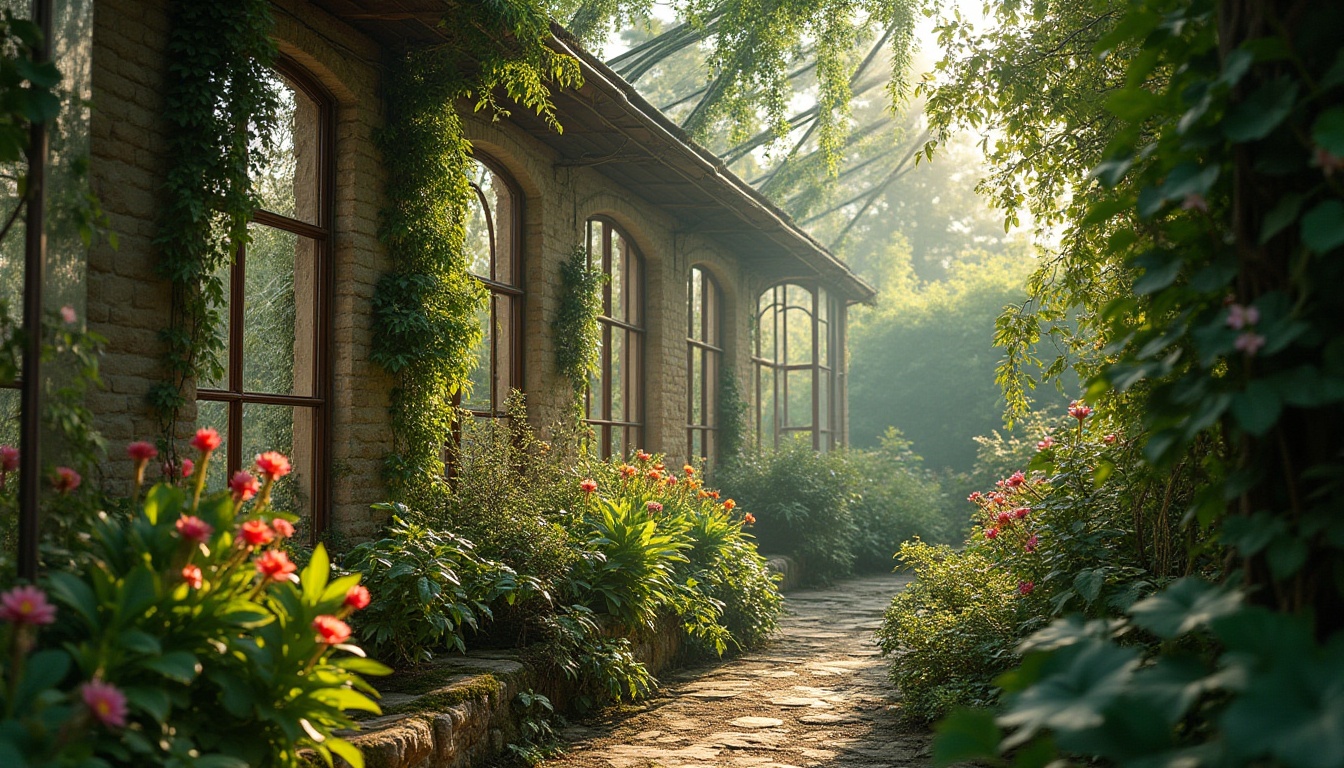 Prompt: Exquisite greenhouse, lush greenery, vibrant flowers, delicate vines, intricate wooden structure, vintage metal frames, soft natural light, warm atmosphere, misty morning, dew drops on leaves, botanical garden, regionalism style, rustic charm, earthy tones, overgrown plants, aged stone path, moss-covered walls, serene ambiance, peaceful escape, warm color palette, shallow depth of field, 3/4 composition.