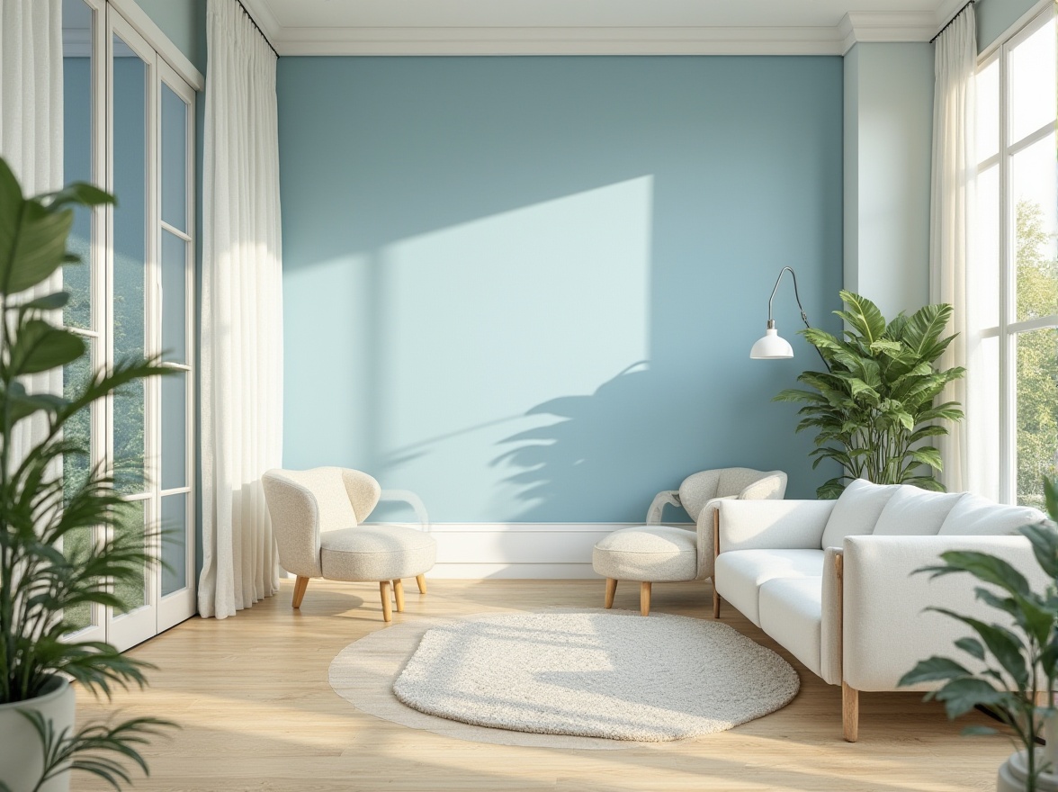 Prompt: Light blue modern villa, large windows, white curtains, minimalist interior design, light blue accent walls, cream-colored furniture, soft cushions, natural wood flooring, greenery indoor plants, morning sunlight, bright and airy atmosphere, shallow depth of field, 3/4 composition, warm and cozy ambient lighting.