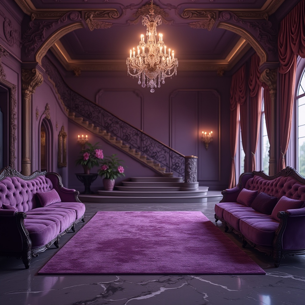 Prompt: Amethyst, luxurious, velvet fabric, gemstone, crystal chandelier, lavish interior, opulent villa, majestic hall, grand staircase, regal atmosphere, warm soft lighting, intricate patterns, ornate details, richly adorned walls, marble floors, heavy drapery, majestic furniture, lavish decor, royal treatment.