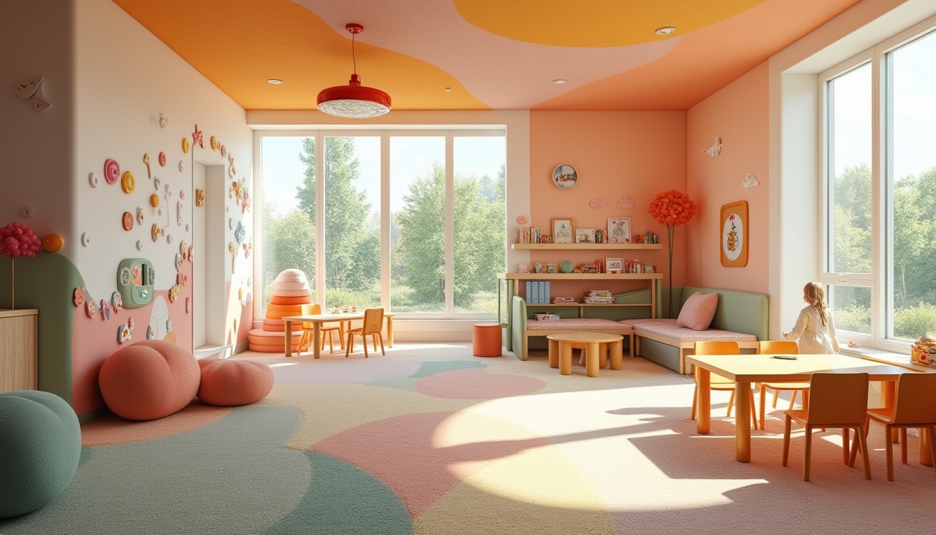 Prompt: Modern kindergarten interior, vibrant colors, rounded shapes, minimalist furniture, interactive walls, floor-to-ceiling windows, natural light pouring in, soft carpeted floors, colorful rug patterns, educational toys scattered around, wooden tables and chairs, kids' artwork displayed on walls, cozy reading nook with pillows and books, futuristic lighting fixtures, eco-friendly materials, playful textures, geometric shapes, kid-friendly technology integration, collaborative play areas, nature-inspired decor, whimsical illustrations on walls, airy atmosphere, warm and inviting ambiance.