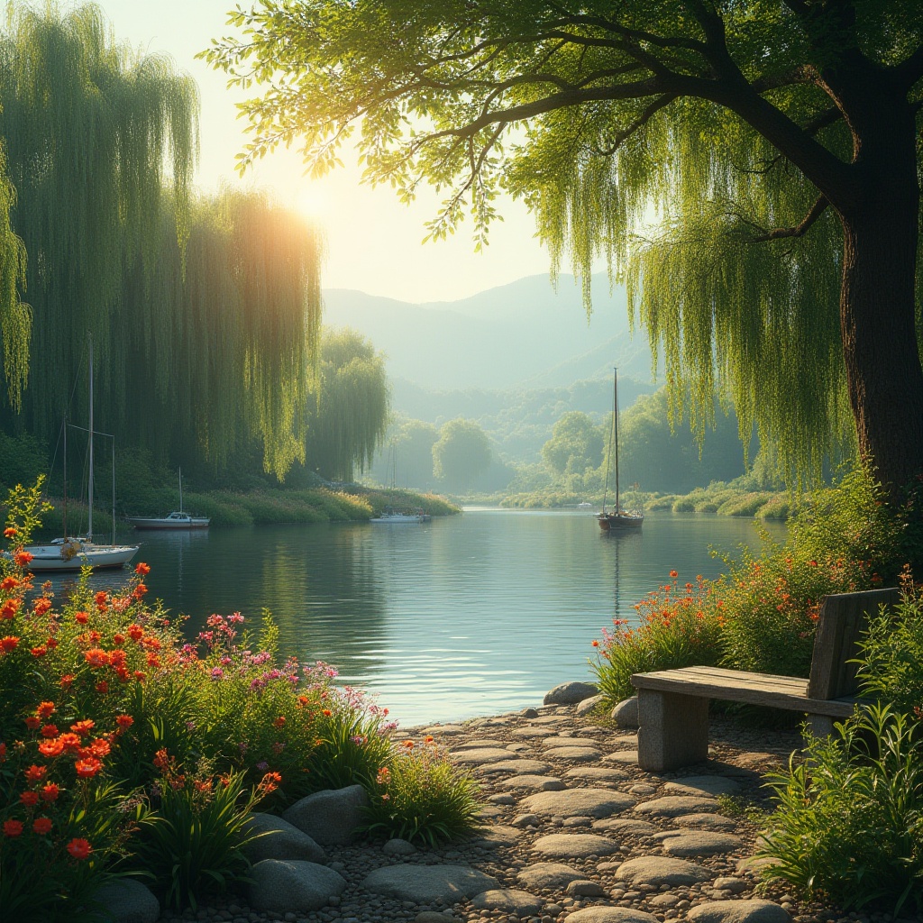 Prompt: Riverbank scene, serene atmosphere, lush greenery, vibrant wildflowers, weeping willows, gentle river flow, pebbles, natural stone bench, wooden dock, sailboats, few ducks swimming, distant misty mountains, warm soft lighting, golden hour, cinematic composition, panoramic view, depth of field, realistic texture, HDR.