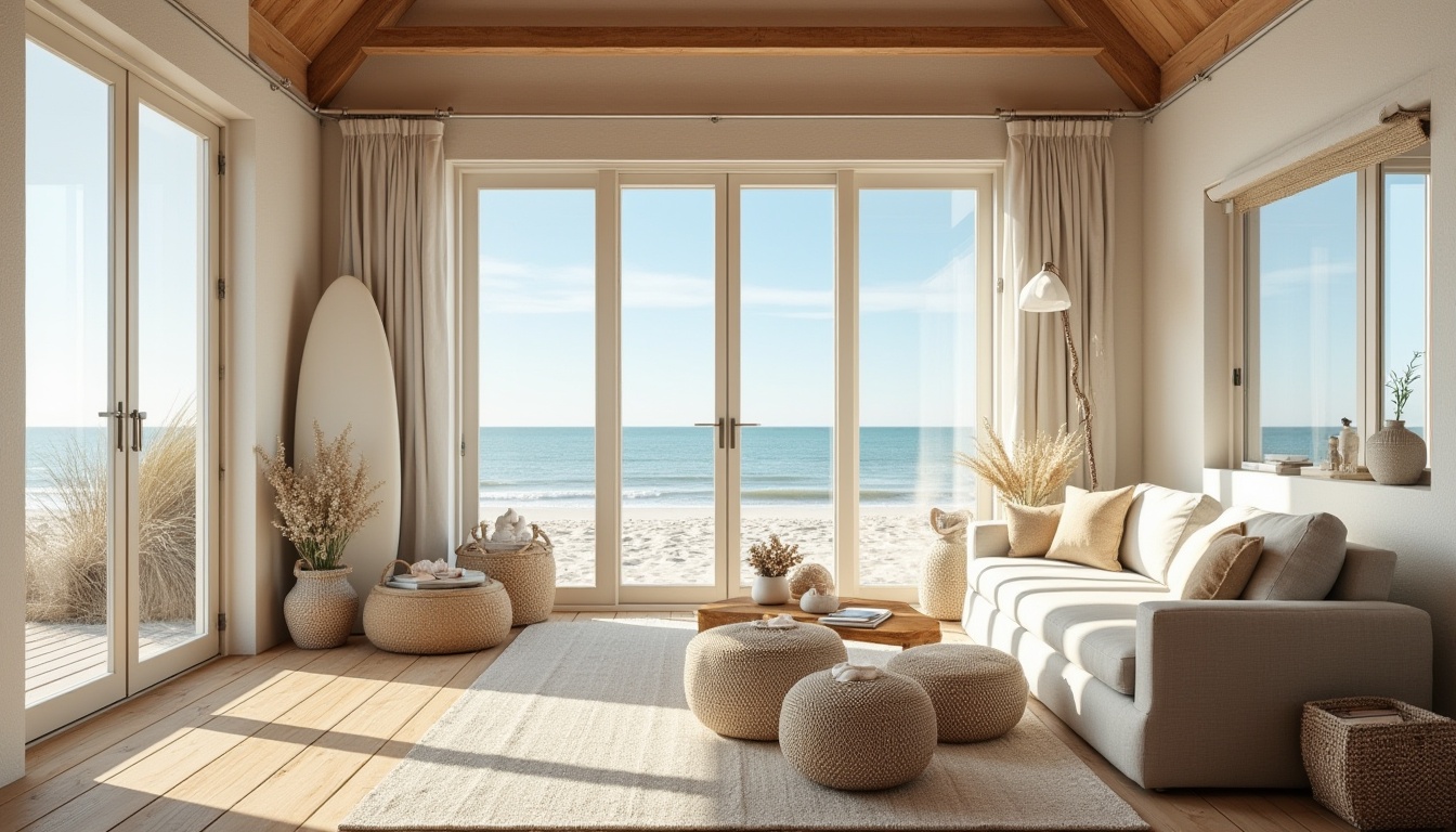 Prompt: Coastal beach loft, vernacular architecture style, wooden structure, white walls, large windows, sliding glass doors, natural light, ocean view, sandy dunes, seashell decorations, driftwood furniture, nautical ropes, linen textiles, woven sea grass baskets, distressed wood accents, warm beige color palette, cozy atmosphere, surfboard leaning against wall, beachy vibe, sunny day, gentle sea breeze, panoramic view, 3/4 composition, soft natural lighting.