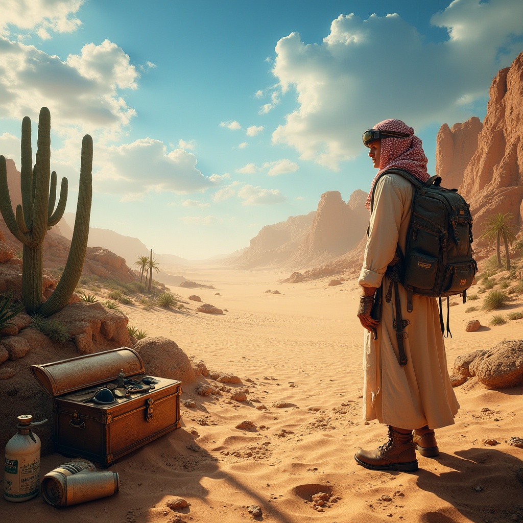 Prompt: Desert environment, vast sandy dunes, endless blue sky, blistering hot sun, rocky outcrops, cacti, palm trees, ancient ruins, mysterious artifacts, treasure chests, worn leather boots, Arabian robes, headscarf, goggles, binoculars, backpack, water canteen, compass, map, rugged terrain, harsh shadows, warm golden lighting, cinematic composition, dramatic clouds.