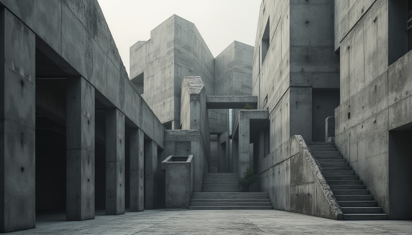 Prompt: Concrete building, brutalist architecture, geometric shapes, rugged texture, fortress-like structure, urban landscape, cityscape, metropolitan area, industrial atmosphere, functional design, minimalist aesthetic, raw concrete walls, steel beams, exposed ductwork, industrial windows, brutalist staircase, abstract composition, high-contrast lighting, dramatic shadows, cinematic mood, monochromatic color palette.