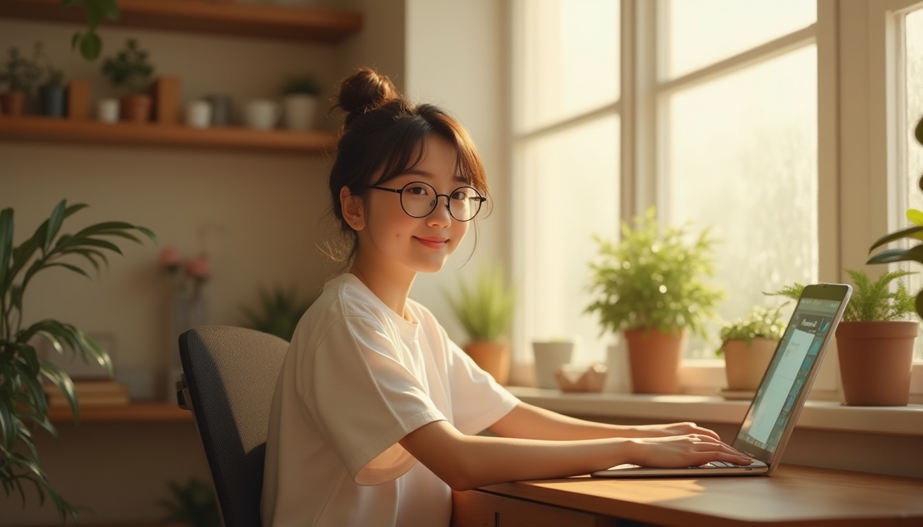 Prompt: Soft beige dorm, cozy atmosphere, warm lighting, wooden desk, ergonomic chair, bookshelf, plants on windowsill, calm female student, 18yo, casual wear, messy bun, glasses, gentle smile, warm skin tone, natural makeup, soft focus, shallow depth of field, relaxing ambient light, simple composition.