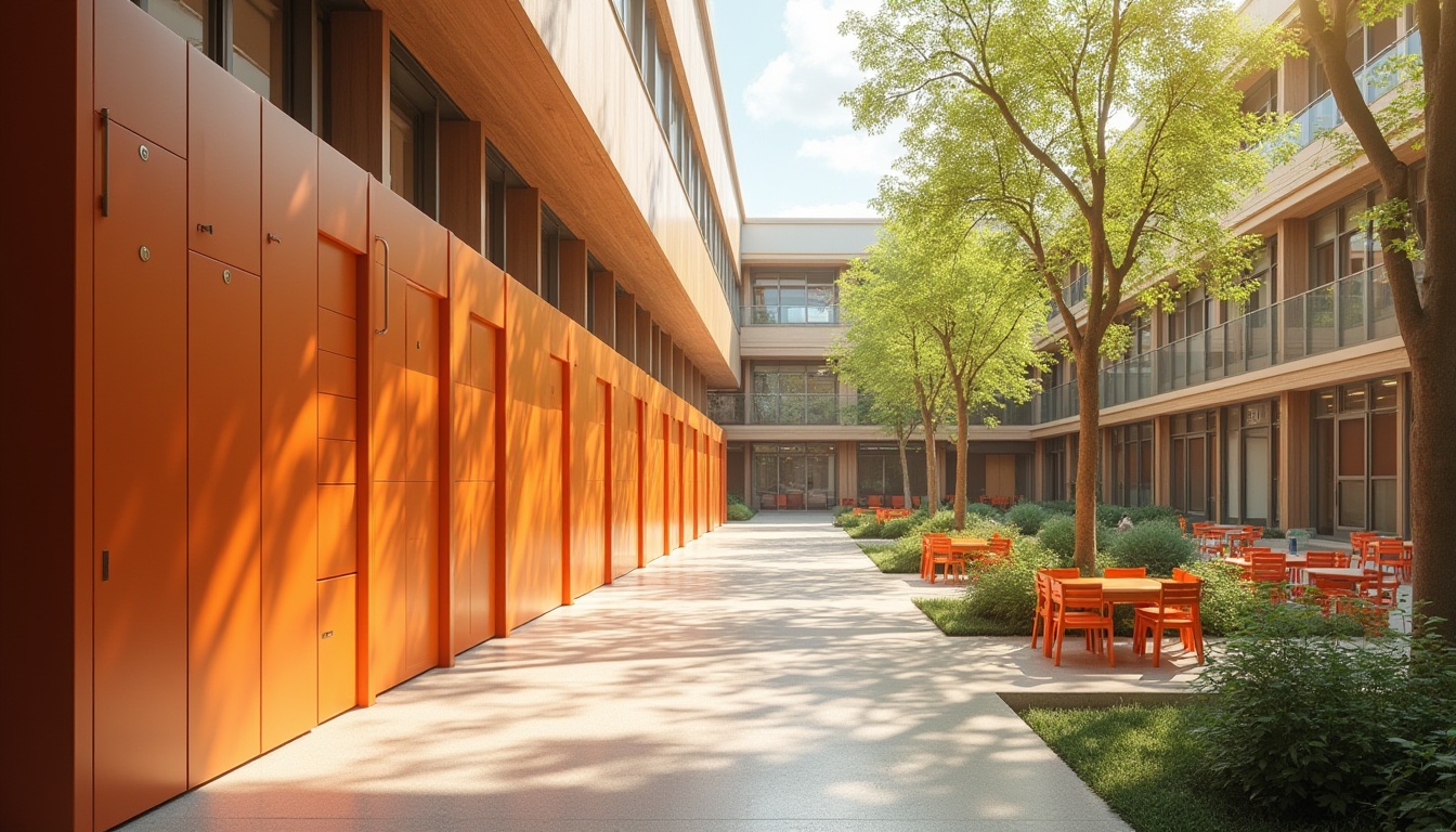 Prompt: Persimmon-colored modern school building, curved lines, geometric shapes, large windows, natural light, minimalist interior design, wooden accents, vibrant persimmon lockers, playful persimmon-colored chairs, greenery-filled courtyard, lush trees, calm atmosphere, warm afternoon sunlight, 3/4 composition, soft focus on background, shallow depth of field.