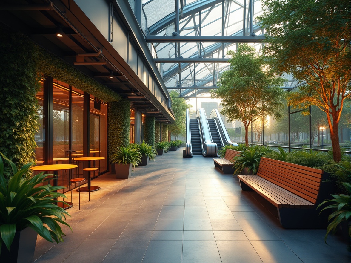 Prompt: Urban transit station, inviting atmosphere, modern architecture, glass ceiling, steel beams, wooden benches, greenery walls, natural light pouring in, warm lighting, comfortable seating area, cozy waiting lounge, urban plants, futuristic escalators, sleek floors, minimalistic design, 3/4 composition, shallow depth of field, soft focus, warm color tone, evening atmosphere.