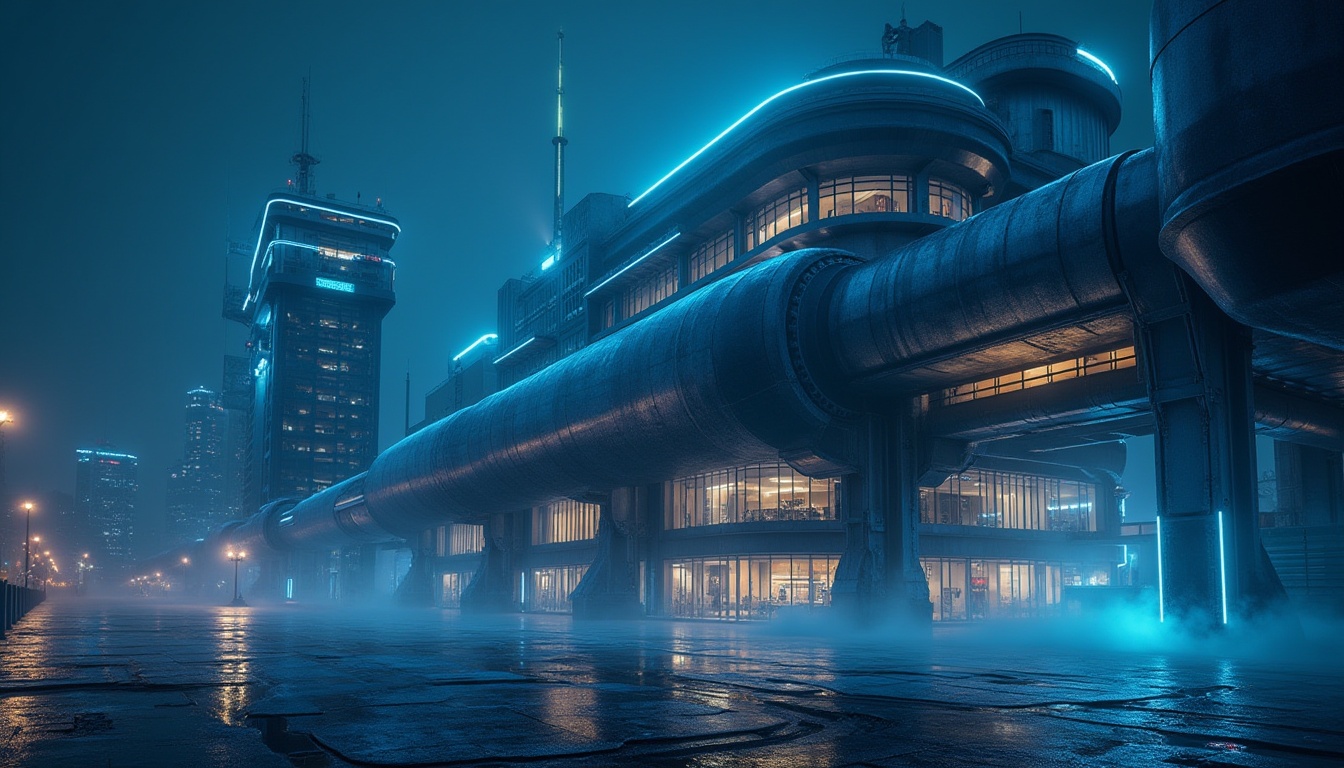 Prompt: Industrial design, modern architecture, plasticrete material, futuristic structure, sleek lines, metallic texture, urban cityscape, night view, neon lights reflecting off the building's surface, dramatic lighting, low-angle shot, 3/4 composition, shallow depth of field, dark blue tone, atmospheric mist, metropolitan ambiance.