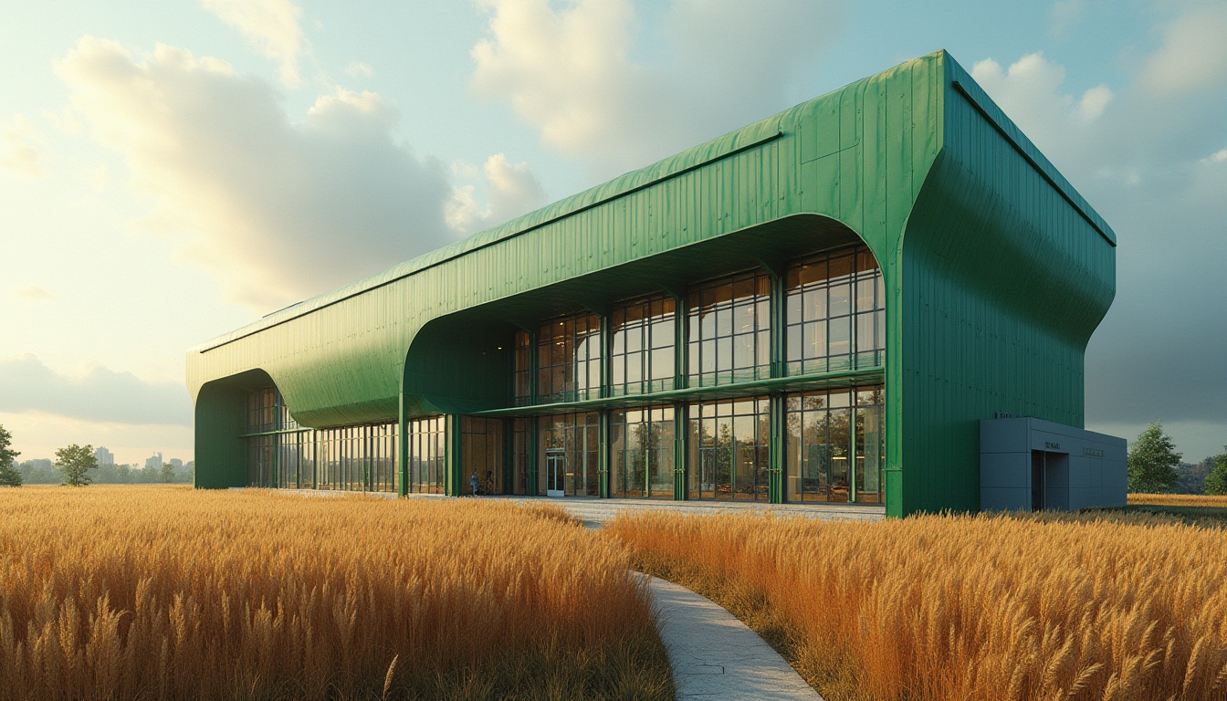 Prompt: Wheat color palette, factory green architecture, industrial building, modern design, curved lines, steel frame, glass facade, minimalist decor, urban landscape, cityscape, cloudy sky, soft natural light, warm ambient tone, 3/4 composition, medium shot, realistic texture, detailed structure.