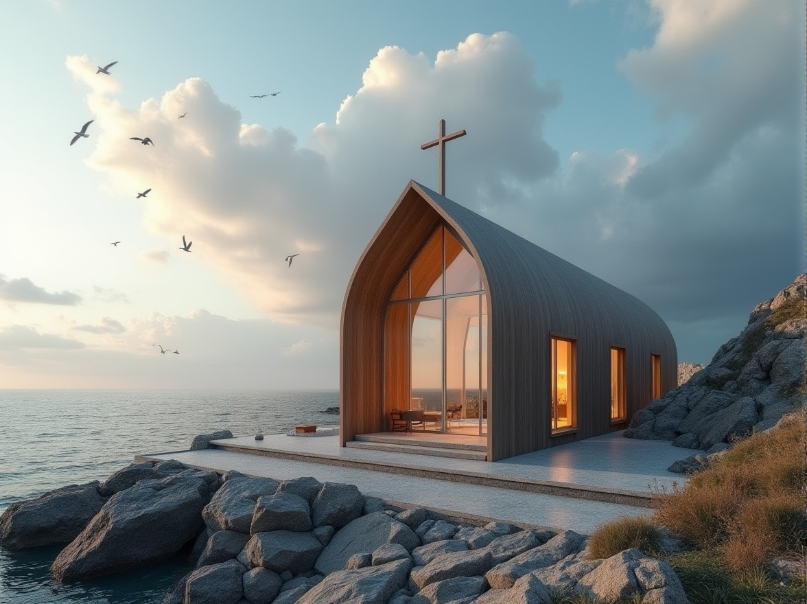 Prompt: Coastal church, modern architecture, large windows, Chukum material exterior walls, wooden texture, smooth surface, minimalist design, simple cross, stained glass windows, subtle lighting, peaceful atmosphere, ocean view, cliffside, rocky shoreline, seagulls flying overhead, dramatic sky with white clouds, low-angle shot, cinematic composition, warm natural light.