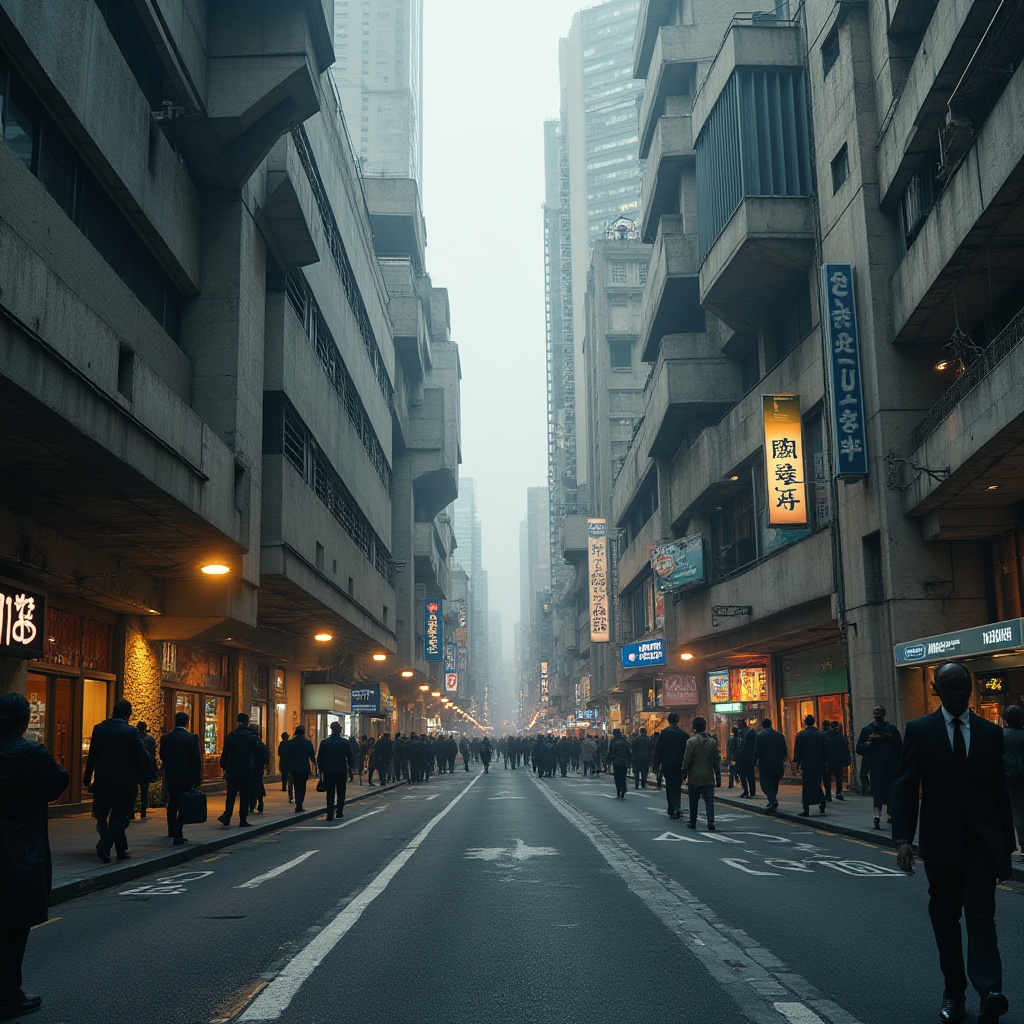 Prompt: Brutalist architecture, commercial districts, urban landscape, geometric shapes, rugged concrete, brutalist skyscrapers, busy streets, neon lights, billboards, advertisements, city sounds, crowded sidewalks, suits and ties, briefcases, coffee cups, morning rush hour, 45-degree angle, low-angle shot, cinematic lighting, moody atmosphere.