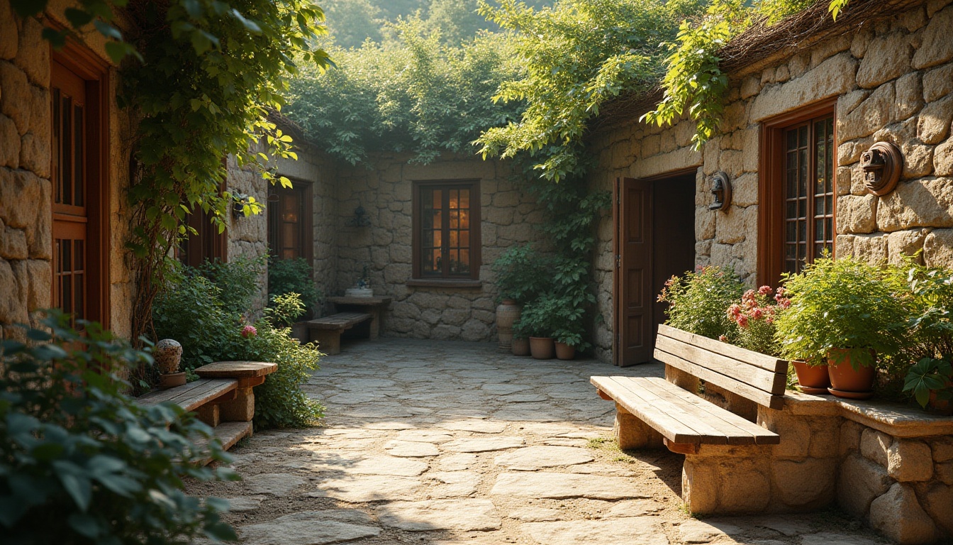 Prompt: Outdoor courtyard, natural stone masonry, rough-textured walls, rustic wooden benches, lush greenery, flowering plants, vines crawling up the walls, warm afternoon sunlight, soft shadows, 3/4 composition, shallow depth of field, earthy tone color palette, natural ambiance, serene atmosphere, subtle lighting, peaceful environment.