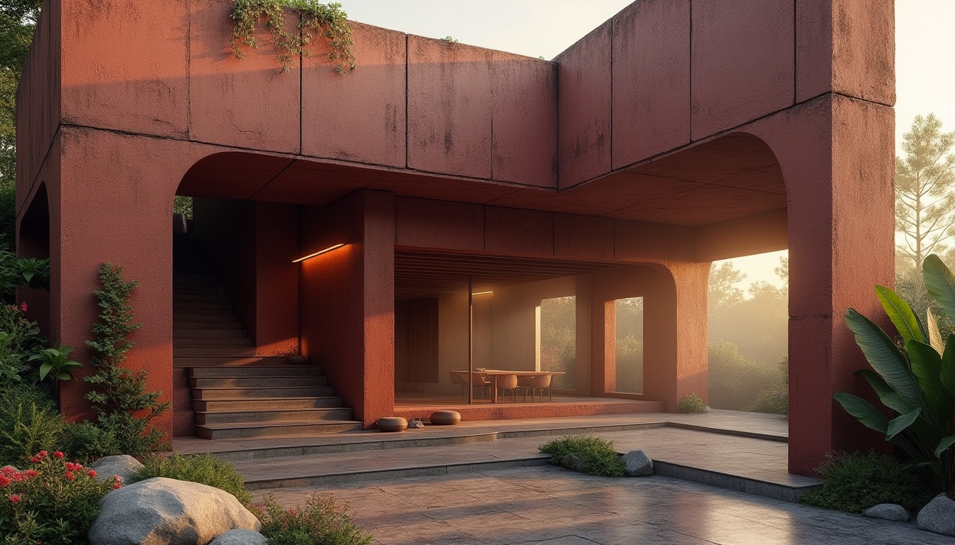 Prompt: Brutalist pavilion, maroon color dominant, rugged concrete structure, geometric shapes, angular lines, bold arches, raw material texture, industrial-style lighting fixtures, minimalist interior design, functional stairs, open floor plan, natural ventilation, lush greenery surroundings, tropical plants, vibrant flowers, subtle mist atmosphere, warm golden hour light, dramatic shadows, 3/4 composition, cinematic perspective.