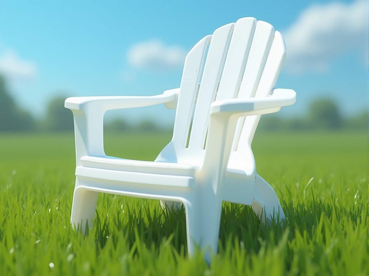 Prompt: Polyethylene material, translucent, glossy, corrugated texture, recyclable symbol, outdoor furniture, garden chair, solo, green grass, sunny day, blue sky, few white clouds, natural light, 3/4 composition, shallow depth of field, vibrant colors.