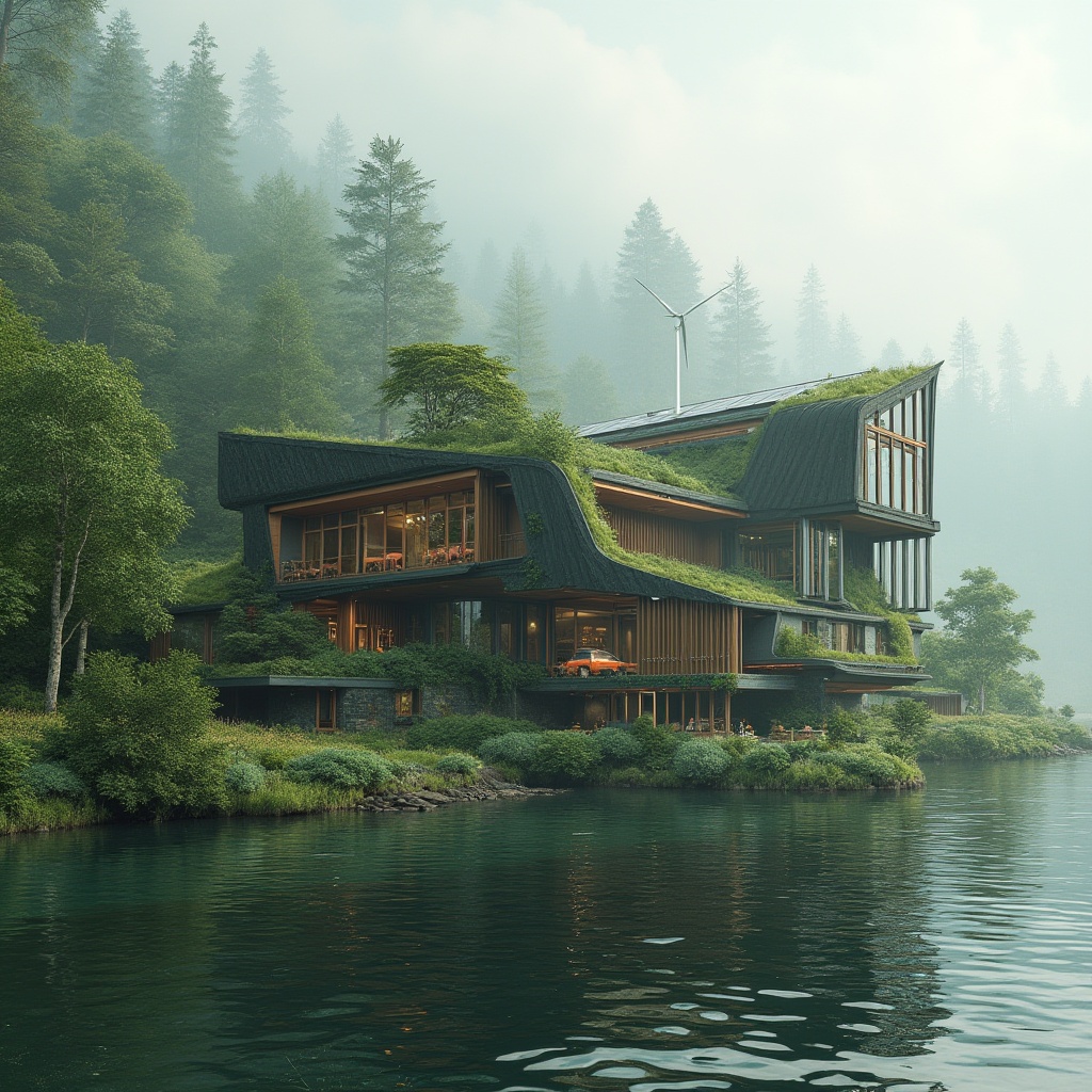 Prompt: Lakefront factory, green architecture, modern design, futuristic details, large windows, steel frames, wooden accents, lush green roofs, solar panels, wind turbines, vertical gardens, living walls, eco-friendly materials, waterfront location, calm lake views, surrounding forests, misty morning atmosphere, soft natural lighting, 3/4 composition, depth of field, cinematic mood.