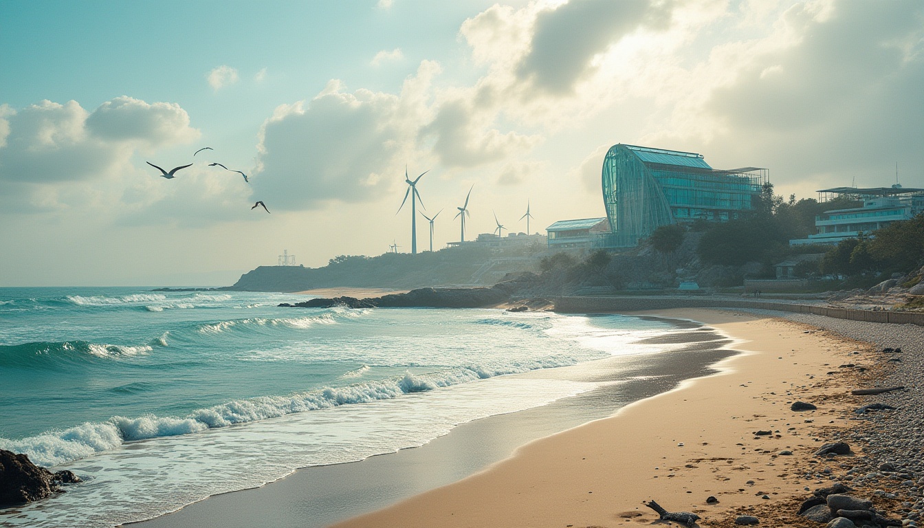 Prompt: Coastal campus scenery, constructivist architecture, modern university building, glass facade, steel structure, curved lines, irregular shape, green roof, solar panels, wind turbines, waves crashing against the shore, sandy beach, pebbles, driftwood, seagulls flying overhead, cloudy sky with sunbeams, warm natural light, shallow depth of field, 3/4 composition, symmetrical framing, vibrant colors, realistic textures, ambient occlusion.