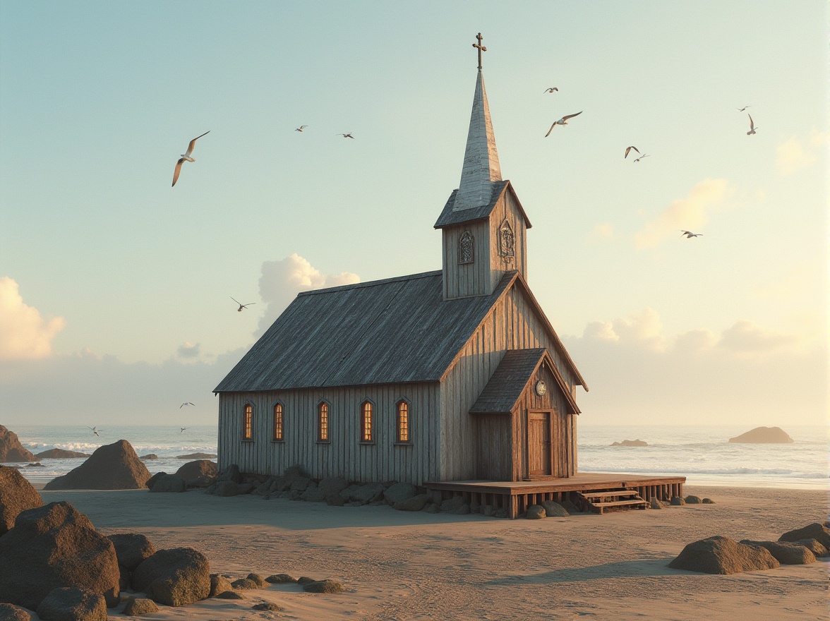 Prompt: Coastal church, Chukum material, traditional architecture, weathered wood, rustic texture, white steeple, cross, stained glass windows, ocean view, seagulls flying overhead, sandy beach, rocky shores, misty morning, soft golden light, warm atmosphere, serene composition, 3/4 view, symmetrical balance, realistic details, ambient lighting.