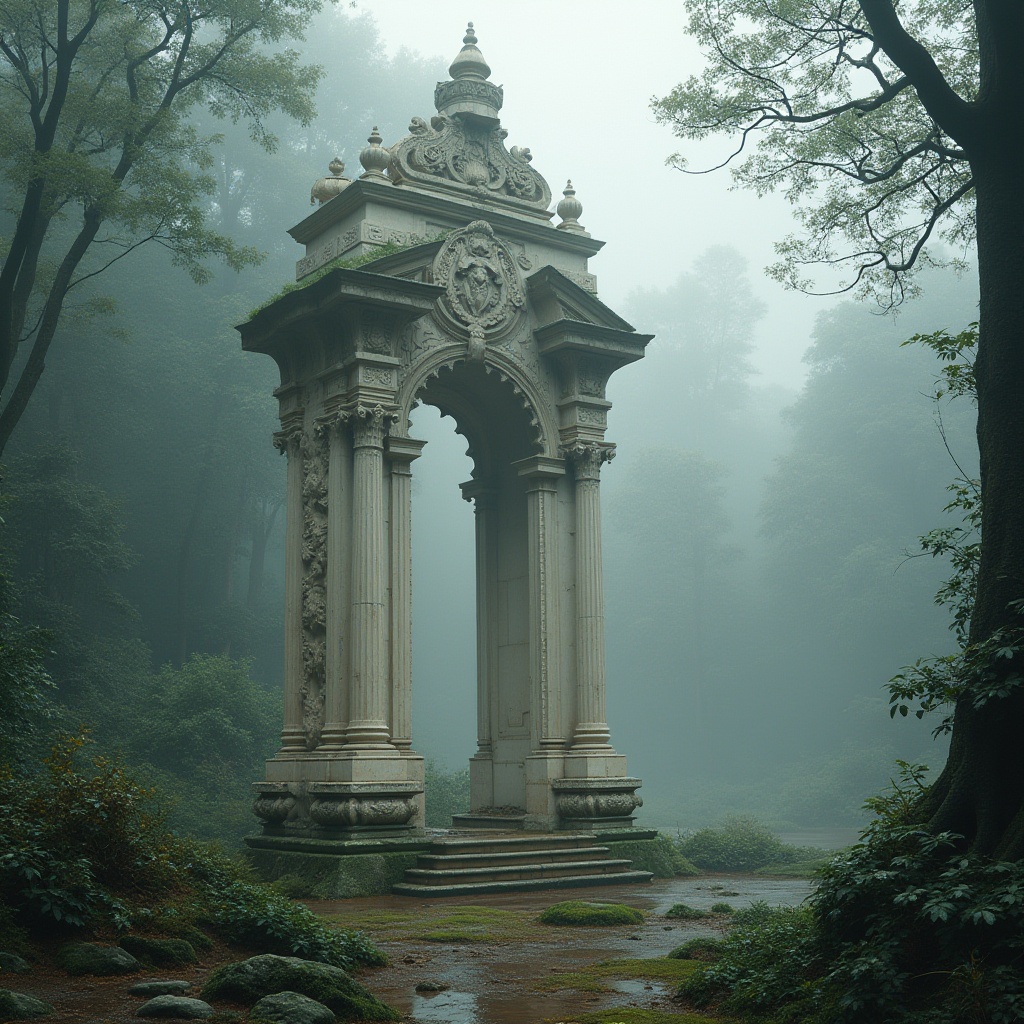 Prompt: Elegant monument, white marble material, intricate carvings, ornate details, grandiose structure, columns, arches, domes, subtle cracks, weathered surface, moss-covered base, serene natural surroundings, misty forest atmosphere, soft warm lighting, dramatic composition, low-angle shot, cinematic mood, ancient ruins, mysterious ambiance, overgrown vegetation, subtle fog effect.