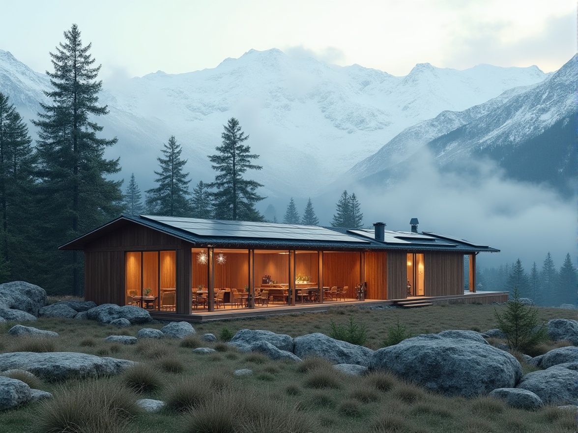 Prompt: Mountainous region, sustainable architecture, modern eco-friendly building, green roof, solar panels, wooden structure, large windows, minimalism design, snowy mountain range background, evergreen trees, misty atmosphere, soft warm lighting, 3/4 composition, shallow depth of field, ambient occlusion, cinematic mood.