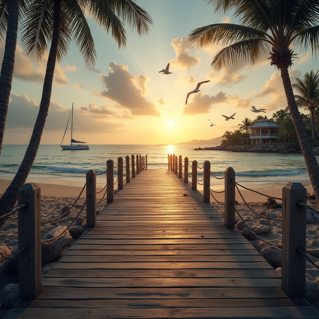 Prompt: Seaside bridge, sunset time, gentle ocean breeze, sandy beach, palm trees swaying, driftwood scattered, seagulls flying overhead, warm soft lighting, 3/4 composition, shallow depth of field, beach houses in the distance, sailboats moored near the shore, wooden planks, ropes, metal railings, weathered wood texture, tranquil atmosphere, peaceful ambiance.